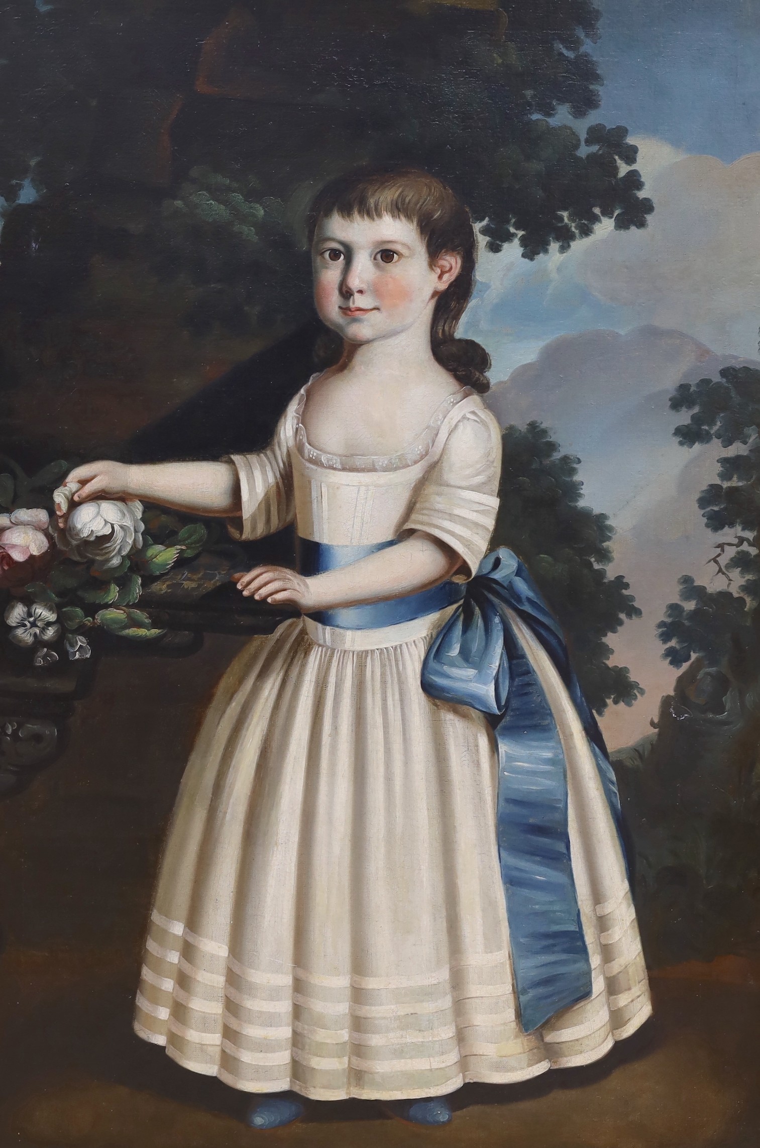 F. Hazelhurst, oil on canvas, Portrait of a girl standing in a landscape beside an urn of flowers, signed, 101 x 67cm